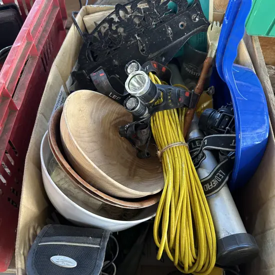 Assorted box lot including headlamps, clothes line wire etc.