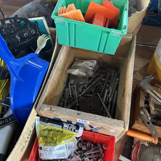 Nail box, screws, galvanized nails, bolts and coach screws etc.