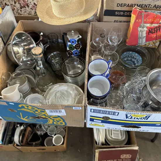 Two boxes glass bowls set and stainless steel, jugs and glassware etc.