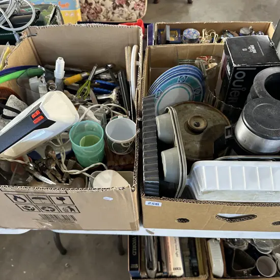 Two boxes cutlery and utensils, bowl and bakeware etc.
