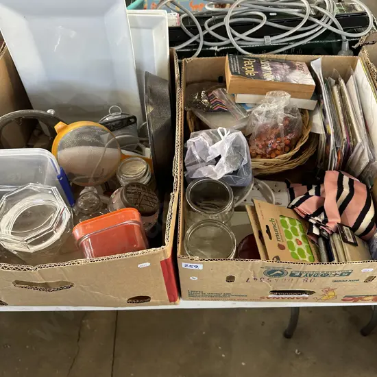 Two boxes stick blender, serving plates, agee jars and cards etc.