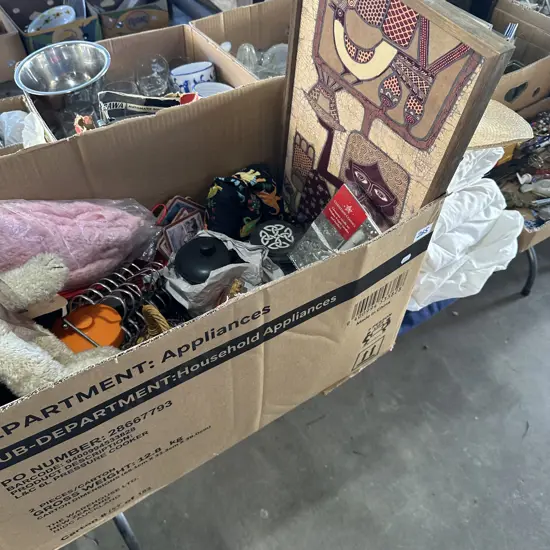 Box of assorted items and sheets etc.