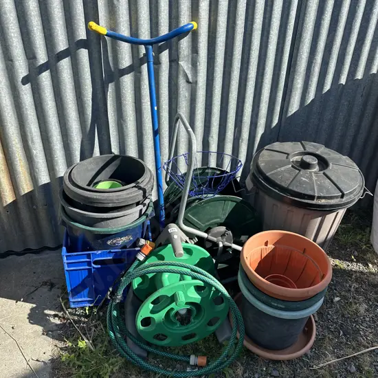 Hose and reels, plastic planters and soil breaker etc.
