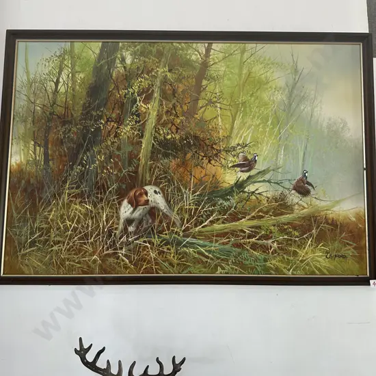 painting of dog & pheasants by L. Eiford