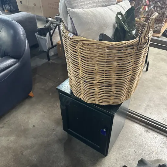 Wicker basket and contents plus cabinet