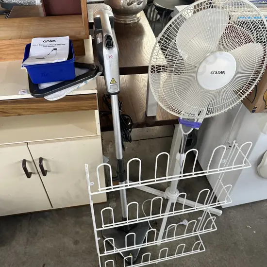 steam mop, fan, shoe rack