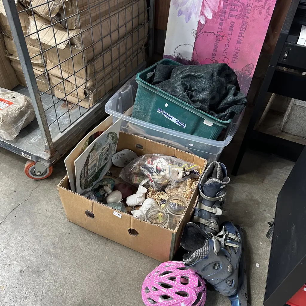 3 boxes air bed, shade cloth, roller blades and art etc. Image 1++