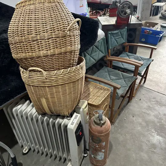 3 cane baskets, 2 oil heaters, fire extinguisher and 2 folding chairs