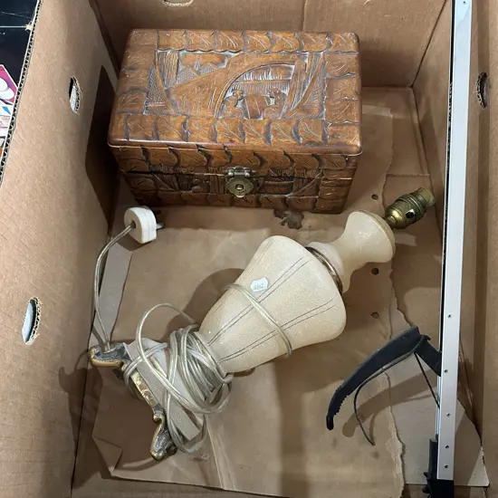 lamp, wooden box and nippers