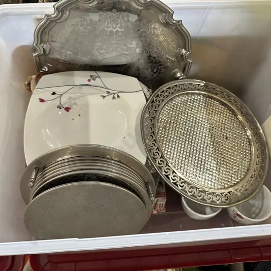 silver trays and dinnerware plus bin