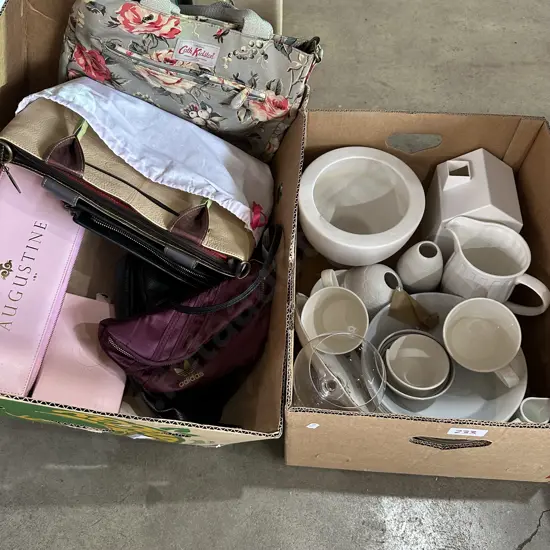 2 box white china, bags etc