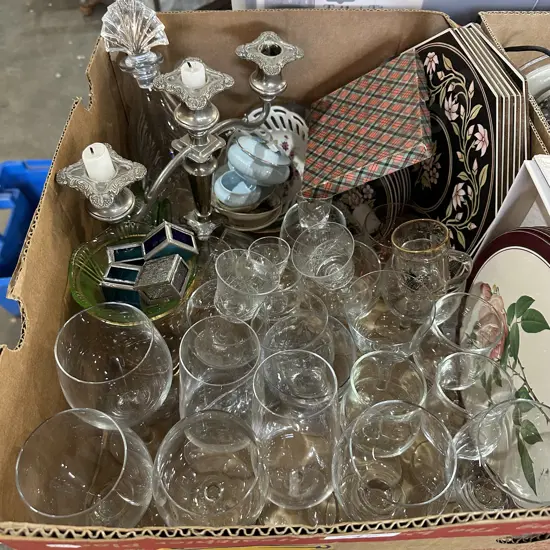 Candle stick, greenglass, boxed teaspoons, leadlight jewellery boxes etc