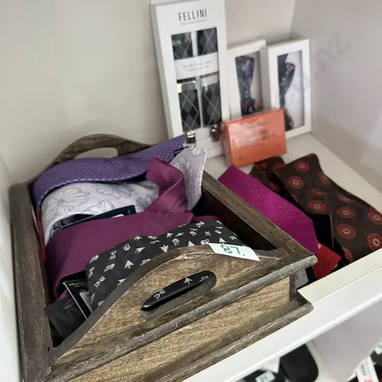 Wooden tray, 6 x ties,  Braces etc