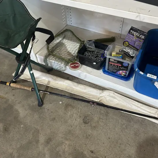 Fishing gear, seat, bucket and hardware.