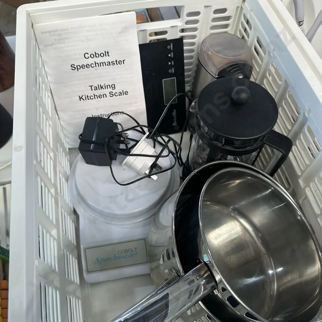 Coffee grinder, saucepans, scales and talking kitchen scale etc. Image 1++