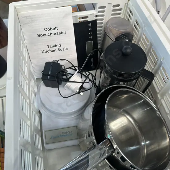 Coffee grinder, saucepans, scales and talking kitchen scale etc.