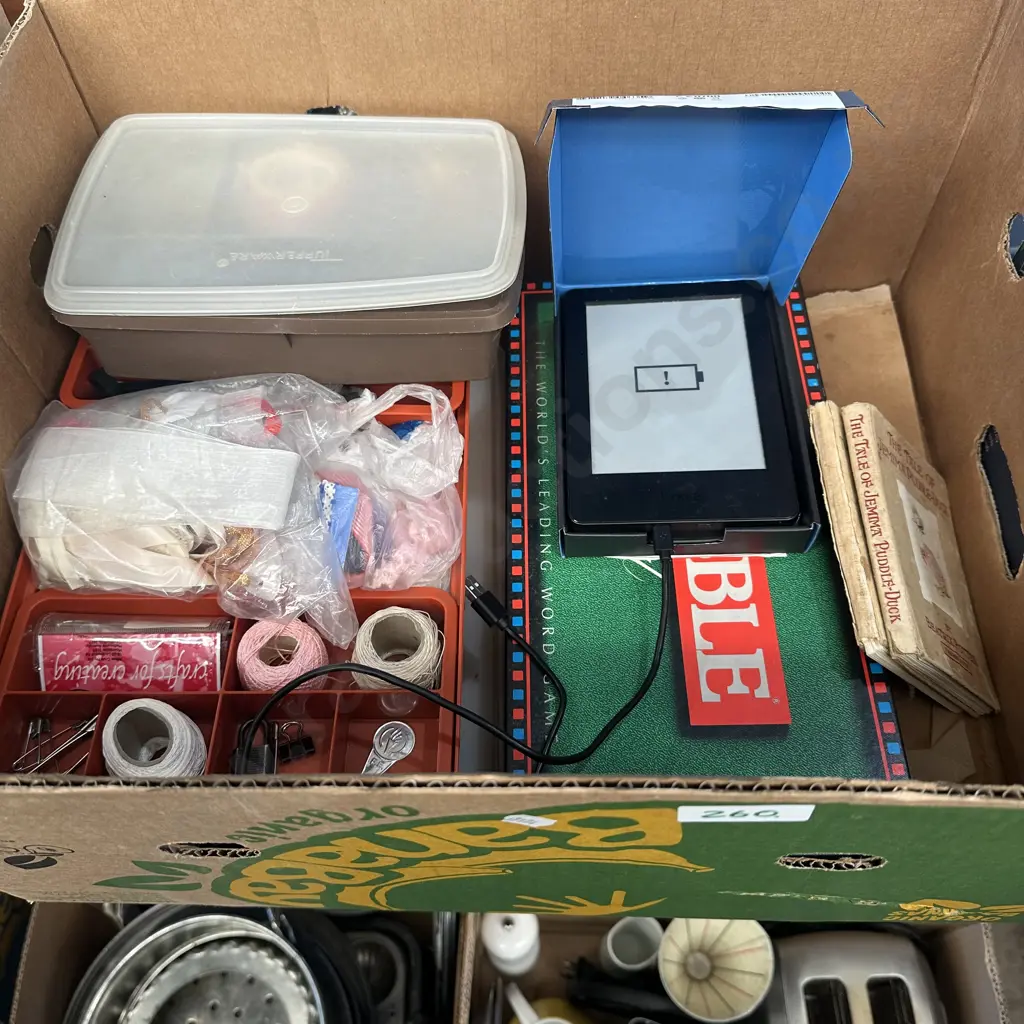Scrabble, Kindle, sewing box and contents etc. Image 1++