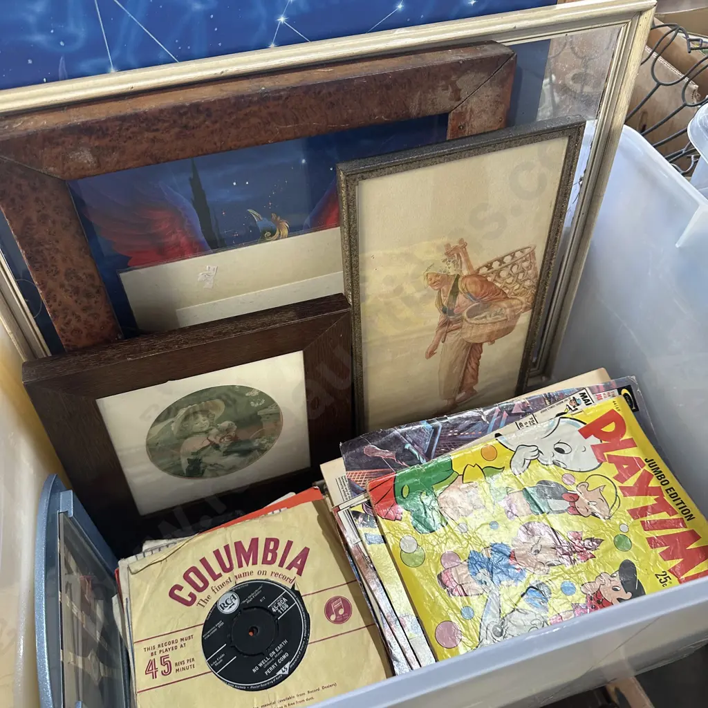 Bin of comics, pictures and frames and records. Image 1++