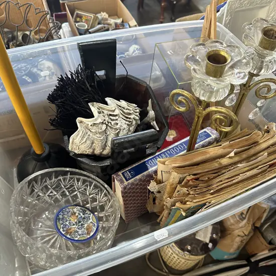 Bin of candle sticks, bowls, antique chinese bucket etc.