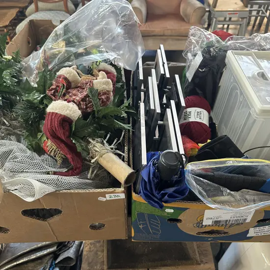 Two boxes christmas items, picture frames and wool etc.