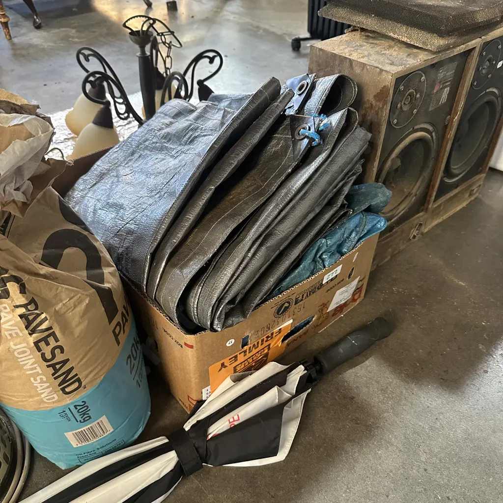 Air filter, pave sand, tarps, umbrella, pair of AR speakers. Image 1++