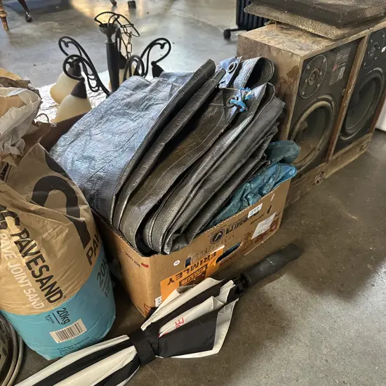 Air filter, pave sand, tarps, umbrella, pair of AR speakers.