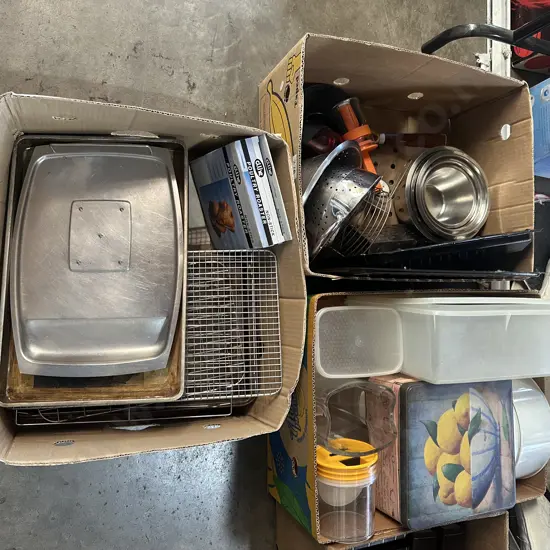 Three boxes, Oven trays, mixing bowls and tupperware etc.