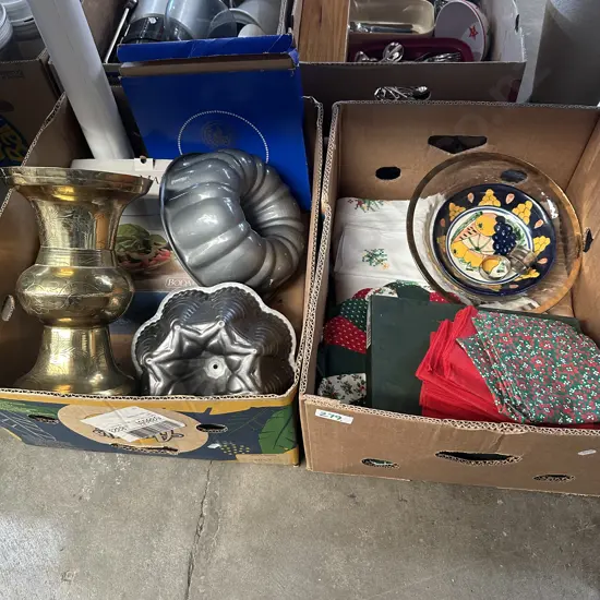 Two boxes brass vase, boxed bowl, cake molds etc.