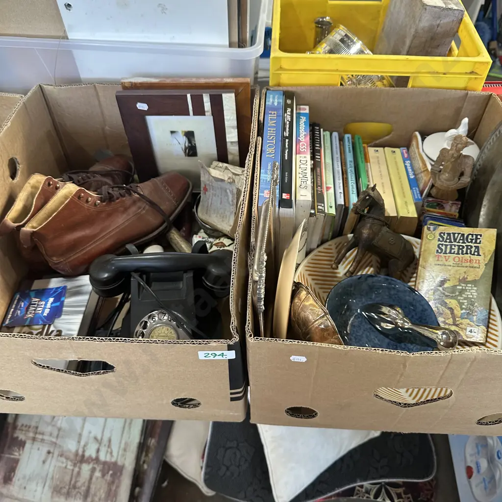 Two boxes antique telephone, silver tray and books. Image 1++