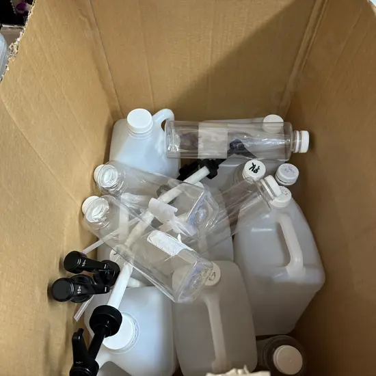 Box of containers and bottles/dispensers