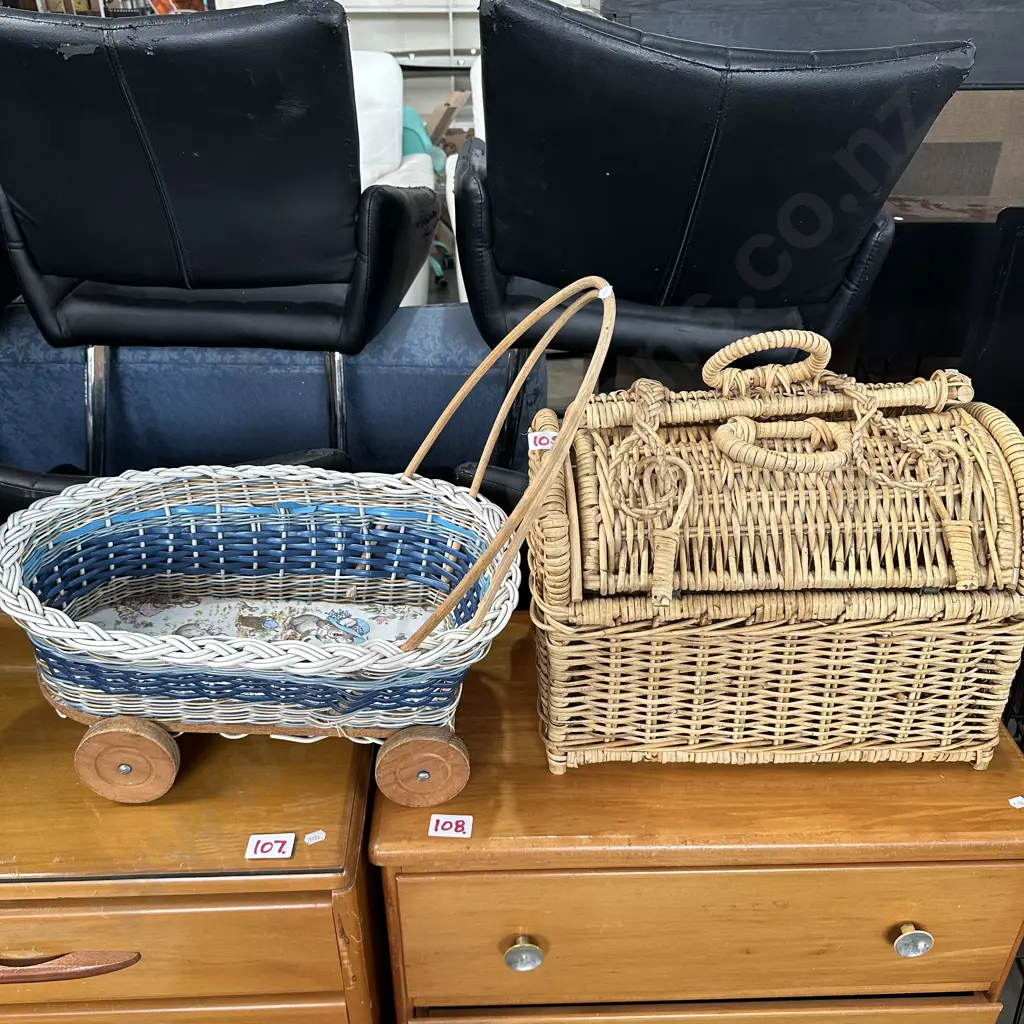 Cane picnic basket and dolls pram Image 1++
