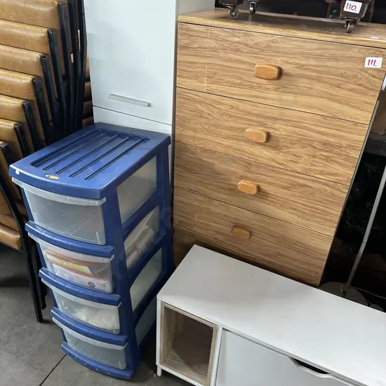 Tall chest of drawers and plastic drawers