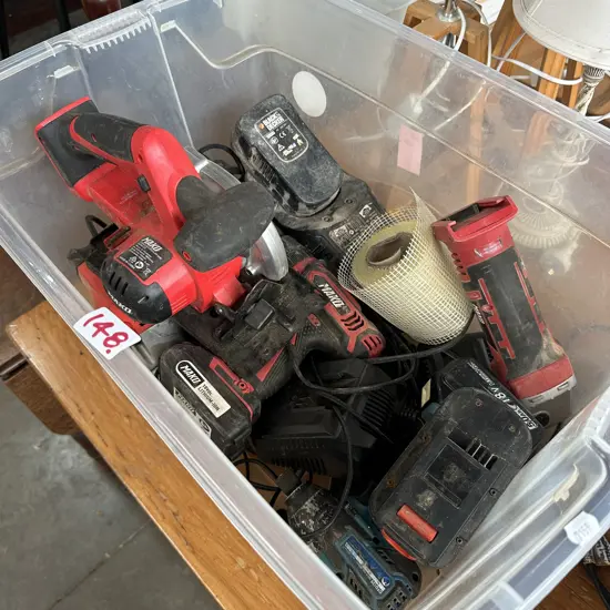Bin of tools, batteries and chargers etc.