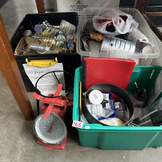 Three bins of assorted paints, craft, scales etc.