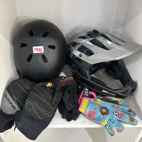 mtb helmet, knee pads etc