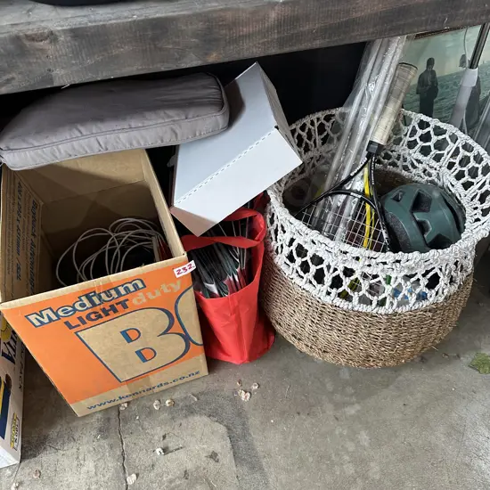 wicker basket and contents etc