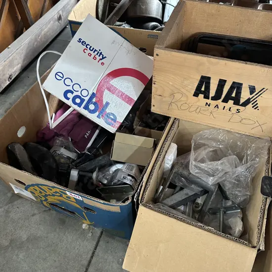 Nail box, boxes of saw parts and security cable