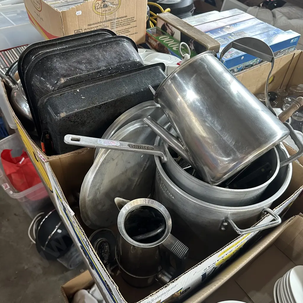 Two boxes, stock pots, roasters, large s/s jug Image 1++