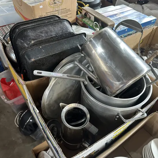 Two boxes, stock pots, roasters, large s/s jug