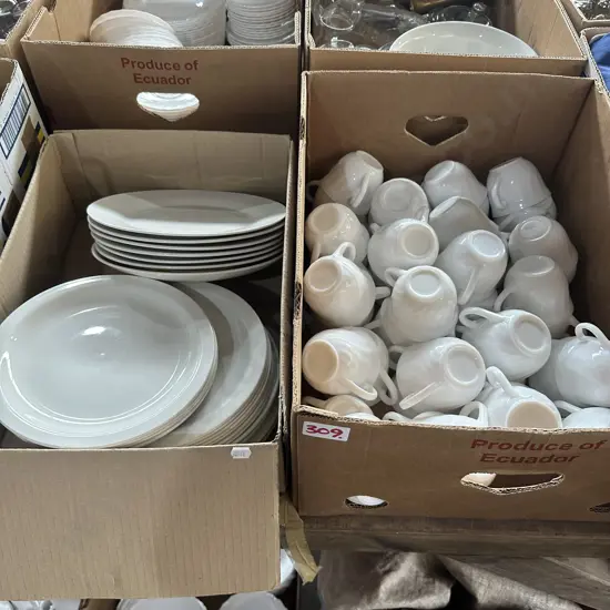 Two boxes, cups and plates.