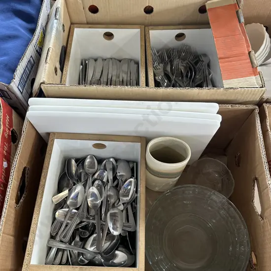Two boxes, cutlery, bowls, vase etc.
