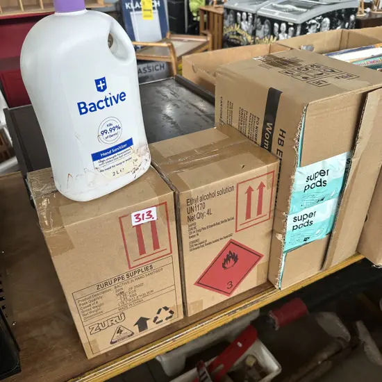 5x 2L Hand sanitizer and Box of womans personal grooming products