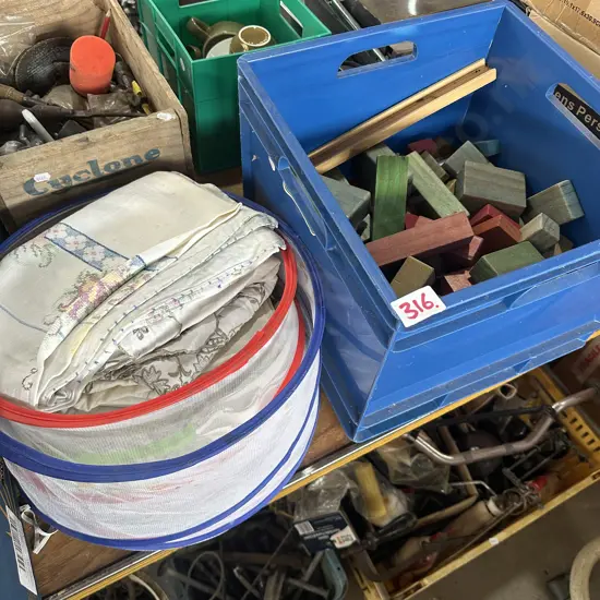 Bin of kids blocks and vintage table cloths, handkerchief
