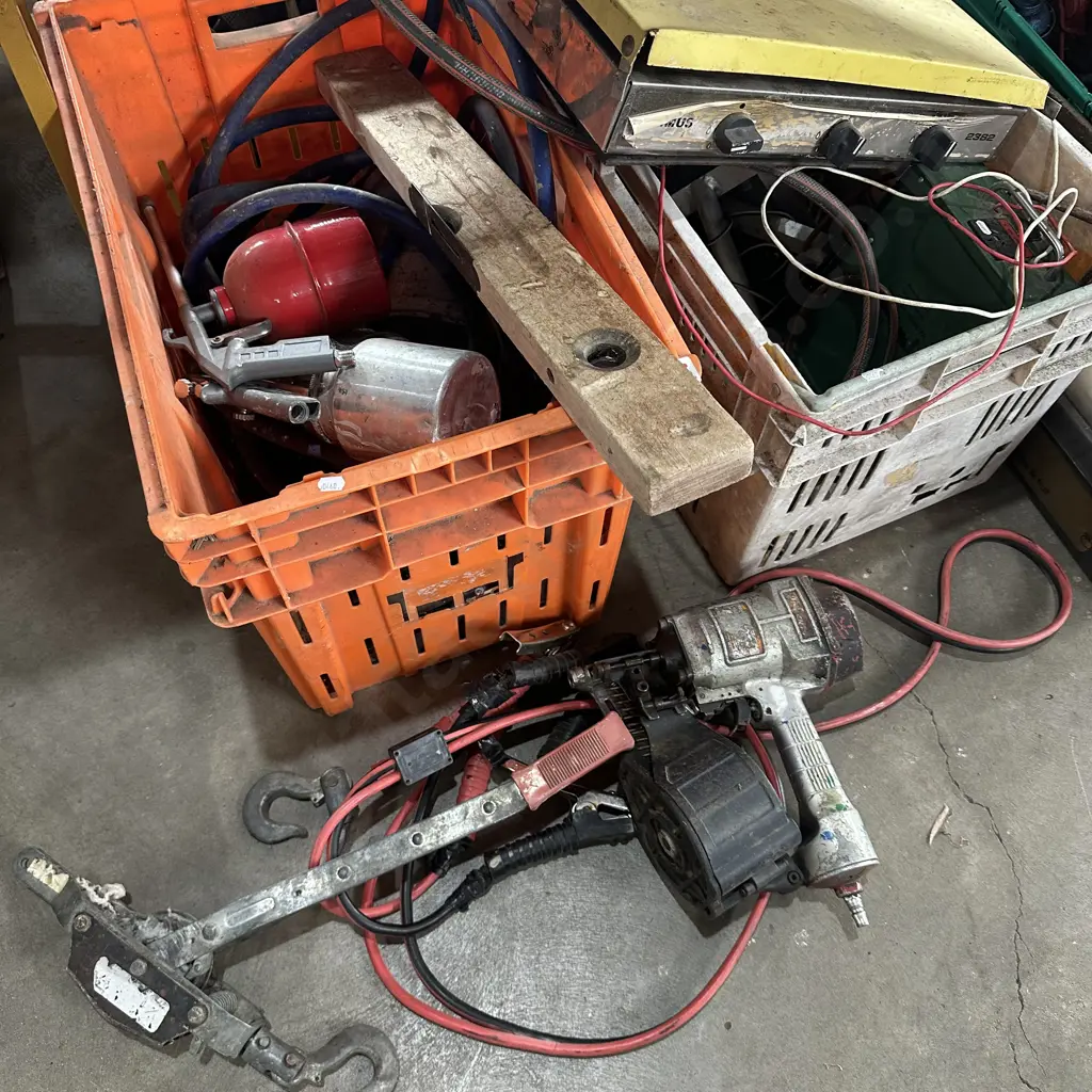 Two bins, air nail gun, winch, camp stove, spray paint gear etc. Image 1++