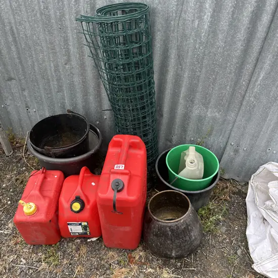 3 petrol containers, planters etc.
