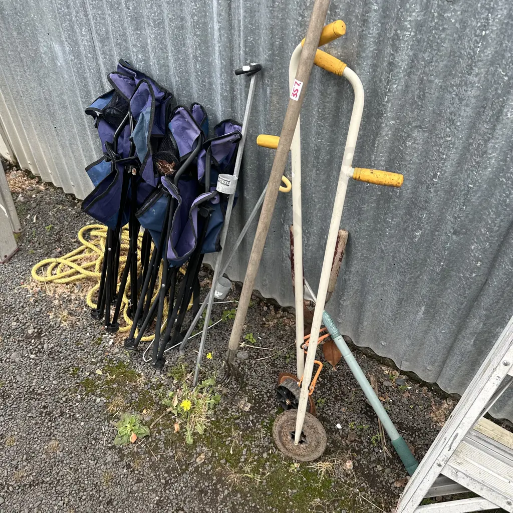 Garden tools, rod holders, chairs and rope. Image 1++