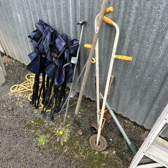 Garden tools, rod holders, chairs and rope.