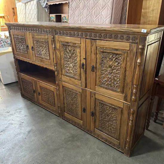 Hand carved drinks cabinet by Tony Greaves woodcarver & sculptor 2400 x 500 x 1450