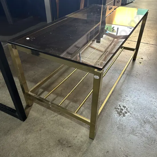 Vintage smoked glass, metal base coffee table