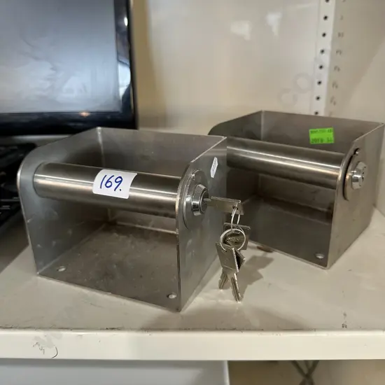 2 x Stainless commercial lockable toilet roll holders